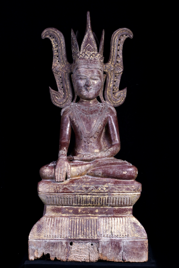 Extremely Rare 18C Wood Crowned Shan Burma Buddha #A090
